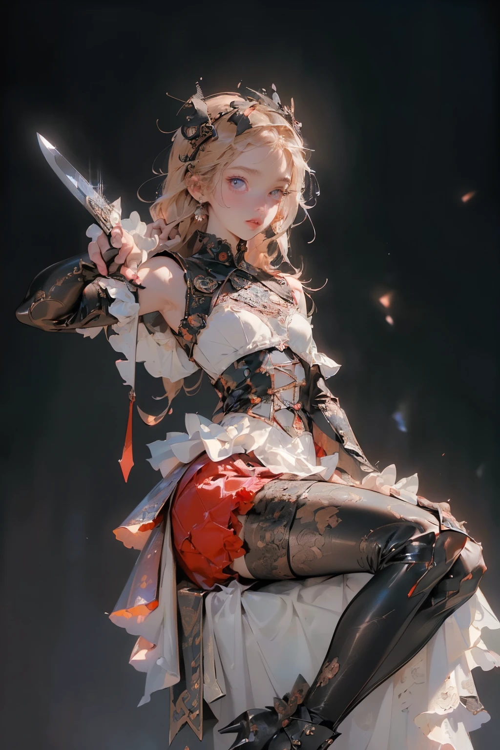 (((masterpiece, of the highest quality, super detailed))), (a female knight of an occult order), ((minimal but intricate beautiful armour)), ((((wielding a sword with a digital glitch-like effect to the blade as though it is rapidly flickering in and out of reality with a very slight warping effect around it like gravitational lensing)))), Fluttering lace flared dress with frilly petticoats, ((((Highly detailed face))), (((Very sharp focused eyes))), very long eyelashes, small breasts, (((flat chest:1.1))), occult aesthetic, (red and white clothing detailed and intricate steampunk and detailed gothic), (with a hood), complex lace boots