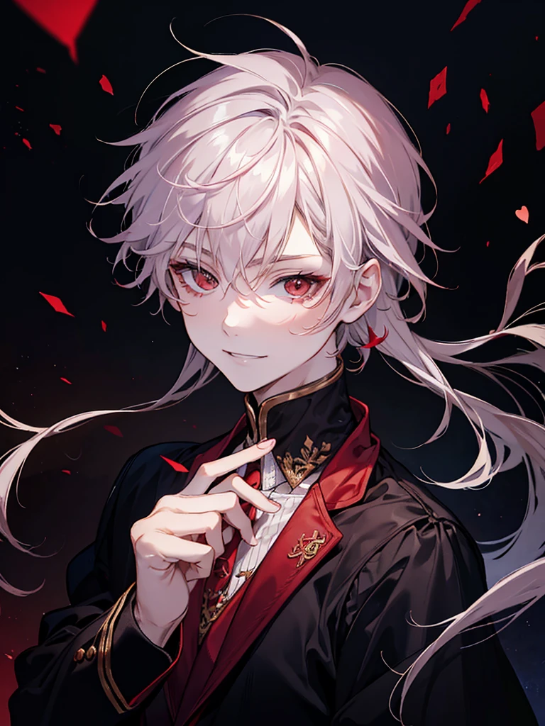 , red eyes, white short wavy hair, cool boy, handsome boy. sadistic smile. noble