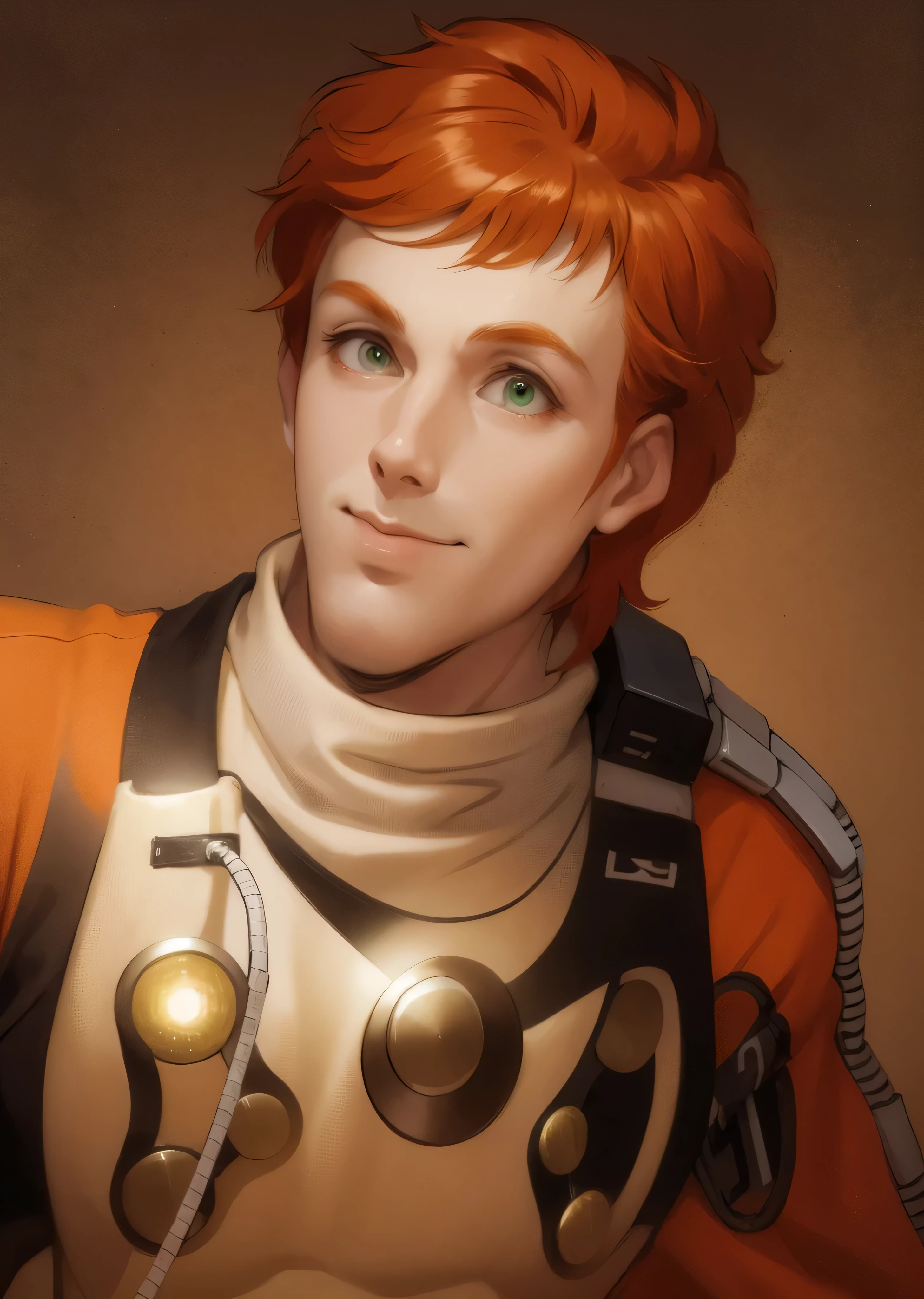 Illustration of a man, futuristic military uniform, an illustration inspired by Kanō Hōgai, Tumblr, romanticism, portrait, orange hair, the Sandman from graphic novel, deep focus, wearing an orange jumpsuit with a high collar, chest plate with circular silver attachments, and a patch with an insignia. His outfit suggests space exploration or combat, emphasizing functionality and utility. Has green eyes, and his expression exudes confidence and authority. Manly features, man, manly, strong gaze, mouth closed, mouth shut, shaved