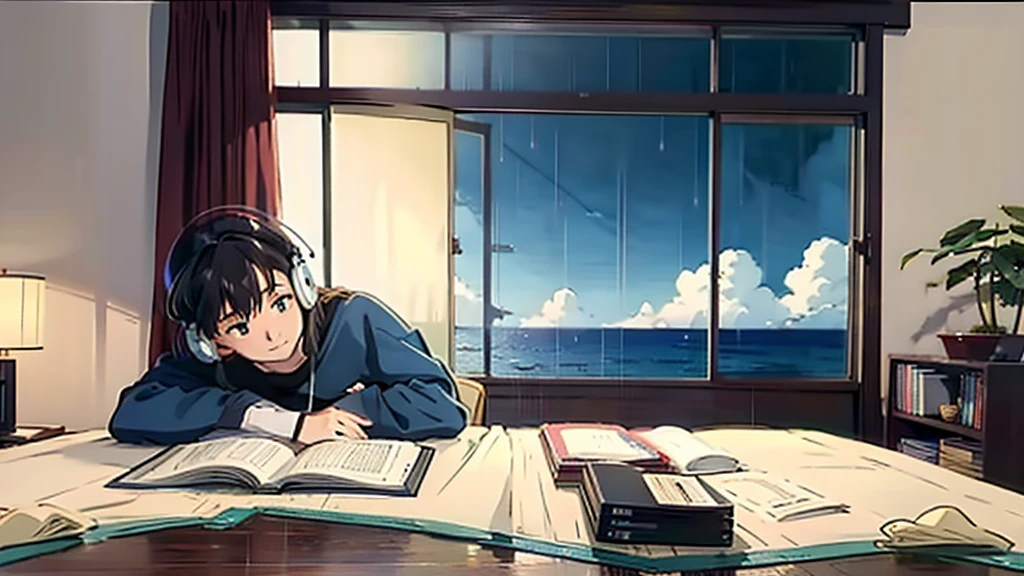 A girl with a chill vibe is studying at her desk in her room while wearing headphones. The room is dimly lit, with rain visible outside the window. The atmosphere is cozy and focused, with a computer screen providing additional light. The girl's style is a blend of anime and realistic elements, capturing her concentration as she works on her studies. The background is detailed, showing bookshelves and study materials, with a warm and slightly moody color palette. The painting style should match the following conditions ●**First Image (Beach Scene)**: - **Art Style**: Anime-inspired with a strong influence from Studio Ghibli. - **Color Palette**: Soft, vibrant, and natural colors. - **Details**: Detailed background with a focus on natural elements like the ocean, sky, and foliage. The characters are delicately drawn with smooth lines and subtle shading, blending seamlessly with the environment. - **Atmosphere**: Serene and picturesque, capturing a tranquil moment by the sea with a dreamy, almost nostalgic feel.
