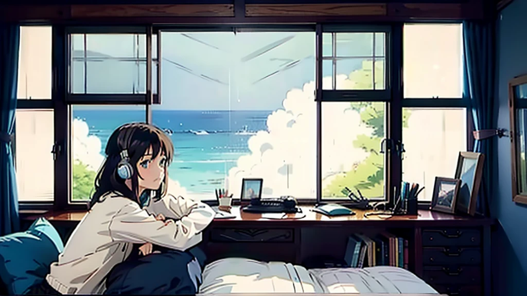 A girl with a chill vibe is studying at her desk in her room while wearing headphones. The room is dimly lit, with rain visible outside the window. The atmosphere is cozy and focused, with a computer screen providing additional light. The girl's style is a blend of anime and realistic elements, capturing her concentration as she works on her studies. The background is detailed, showing bookshelves and study materials, with a warm and slightly moody color palette. The painting style should match the following conditions ●**First Image (Beach Scene)**: - **Art Style**: Anime-inspired with a strong influence from Studio Ghibli. - **Color Palette**: Soft, vibrant, and natural colors. - **Details**: Detailed background with a focus on natural elements like the ocean, sky, and foliage. The characters are delicately drawn with smooth lines and subtle shading, blending seamlessly with the environment. - **Atmosphere**: Serene and picturesque, capturing a tranquil moment by the sea with a dreamy, almost nostalgic feel.