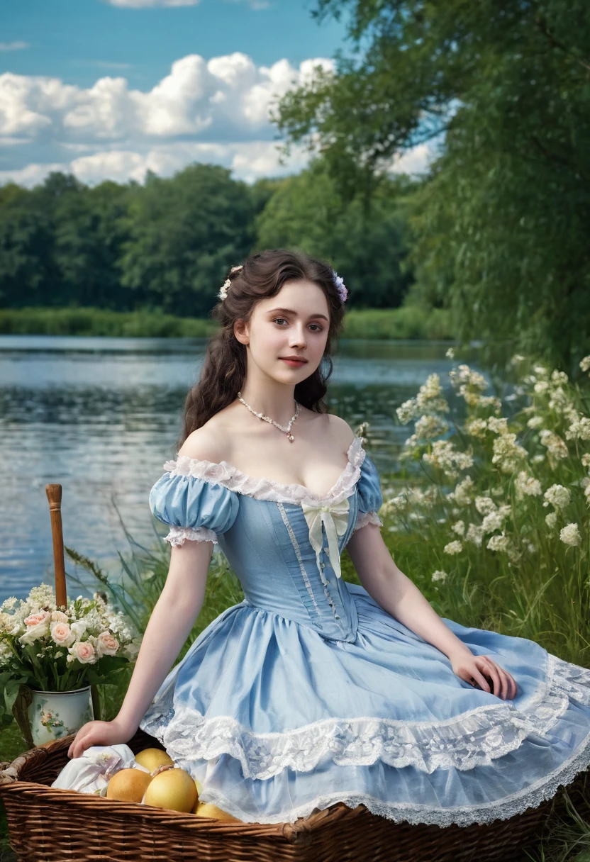 CRU photo,(realisitic, photo-realisitic:1.37),(best qualityer:1.2),(detailded), (standing alone:1.3), (20 year old Victorian girl:1.4),ssmile, (Breasts huge:1.4), victorian dress, Bblack hair, long eyelashes, (lake:1.3), ((sitting on the floor, arms up)), (legs up:1.2) Trees,gram, flowers,bridge, rowboat,clouds,blue sky,litter,picnic,break, stunning beautiful, pale skin, (perfects eyes:1.3),cinematic light, ultra high resolution, 8k hd, film grain, Perfect Anatomia, exquisitely detailded skin, best shade, dainty,Portrait of a beautiful Victorian girl, colorfully, distinct_imageio, extremely detailded CG,realisitic human-like photo