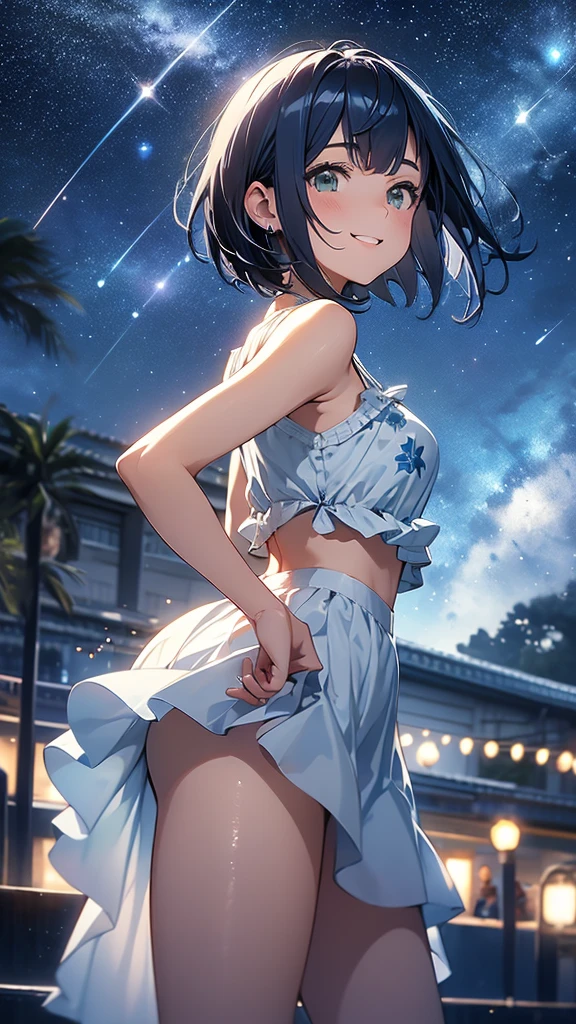 1 girl、masterpiece、Highest quality、detailed、Dark blue hair、Short Bob Cut、Straight hair、Green Eyes、beautiful、Dancer、Starry Sky、night、Anime style painting、Hard Edge、Soft Surface、smile、profile、Upper body close-up、Stage lighting、Spot lighting