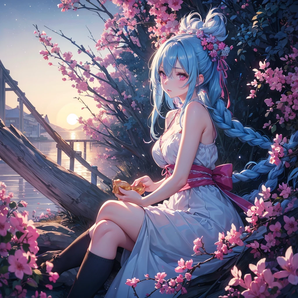 Sky blue hair, (1 braided hair), (Pink eyes),Fair skin) ,(whole body),(One Girl),(White sweet dumplings ),Japanese pampas grass,(beautiful, Full moon shining in the night sky),(masterpiece, Highest quality, Very detailed, Best Shadow), (Detailed Background), (Beautifully detailed face), High Contrast, (Best lighting, Very delicate and beautiful), ((Cinematic Light)), Hyper Detail,8k, Dramatic Light, Intricate details,Sit down and eat dumplings,