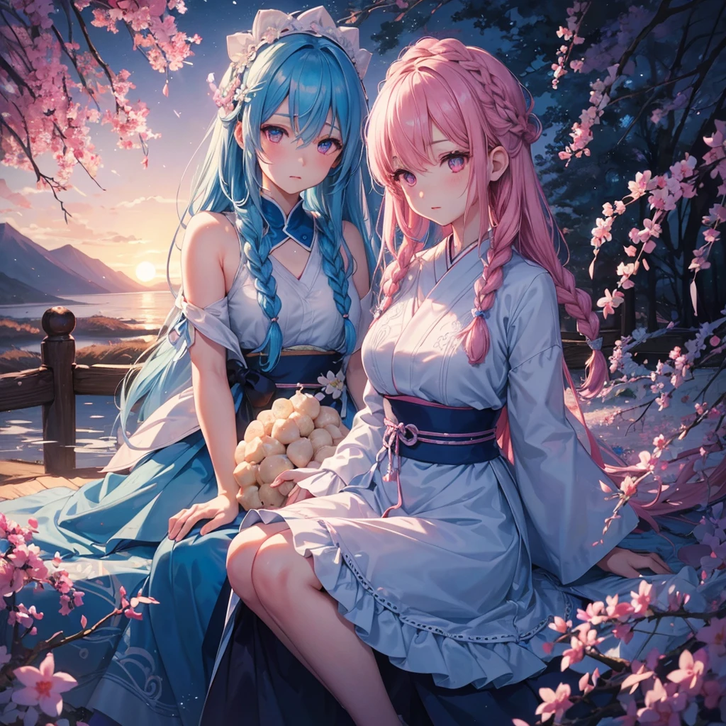 Sky blue hair, (1 braided hair), (Pink eyes),Fair skin) ,(whole body),(One Girl),(White sweet dumplings ),Japanese pampas grass,(beautiful, Full moon shining in the night sky),(masterpiece, Highest quality, Very detailed, Best Shadow), (Detailed Background), (Beautifully detailed face), High Contrast, (Best lighting, Very delicate and beautiful), ((Cinematic Light)), Hyper Detail,8k, Dramatic Light, Intricate details,Sit down and eat dumplings,