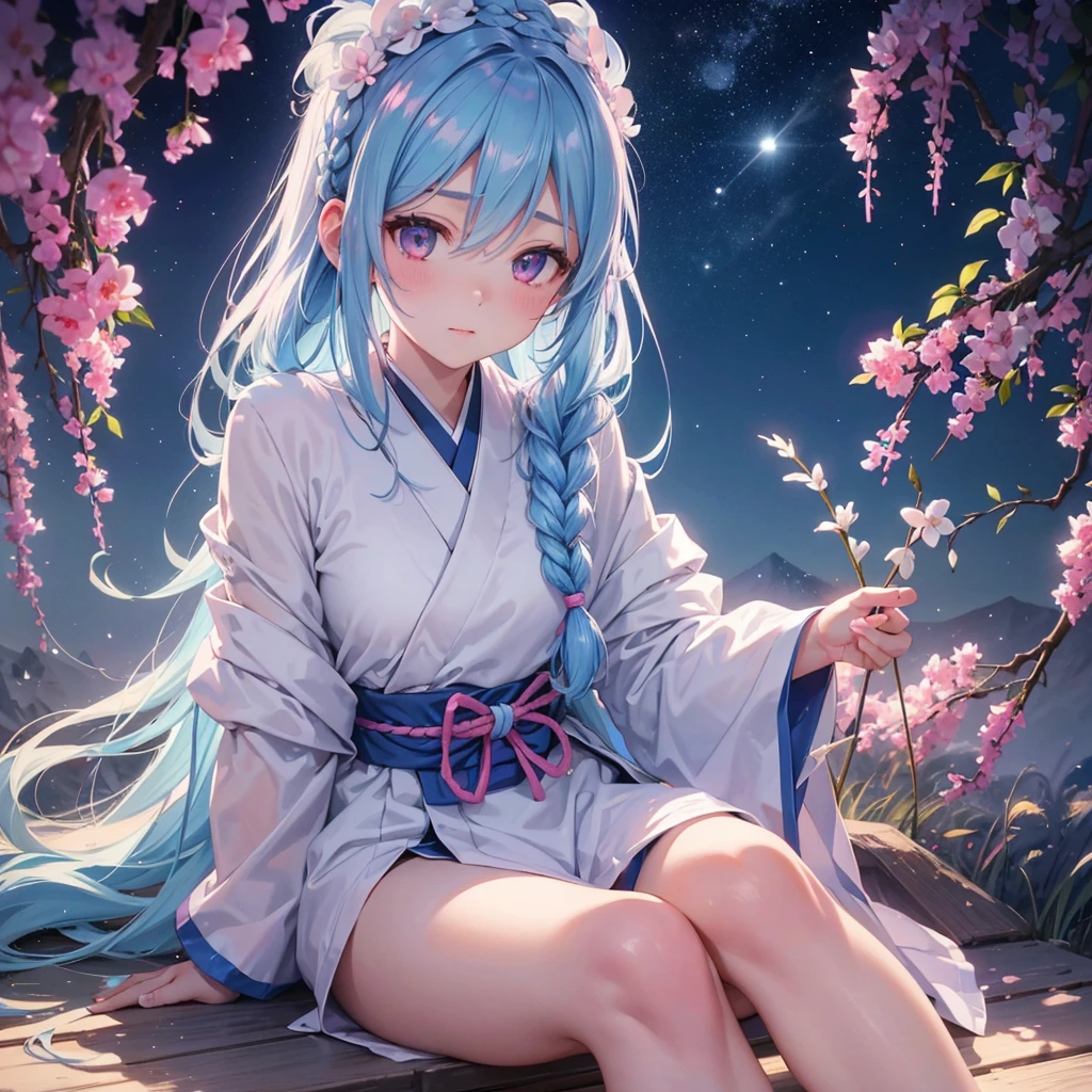 Sky blue hair, (1 braided hair), (Pink eyes),Fair skin)  ,(whole body),(One Girl),(White sweet dumplings ),Japanese pampas grass,(beautiful, Full moon shining in the night sky),(masterpiece, Highest quality, Very detailed, Best Shadow), (Detailed Background), (Beautifully detailed face), High Contrast, (Best lighting, Very delicate and beautiful), ((Cinematic Light)), Hyper Detail,8k, Dramatic Light, Intricate details,Sit down and eat dumplings,