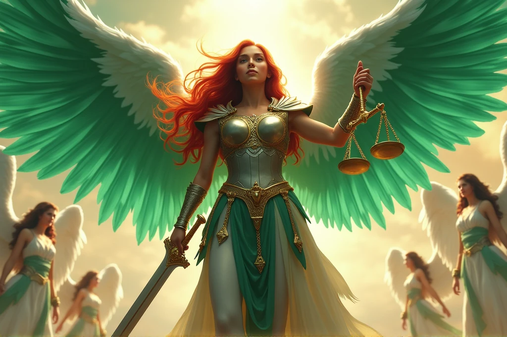 dazzling victorious angel, Angel wings, emerald wings, Red hair, Long hair, with roman armor, with a sword in his right hand and a scale in his left hand. Behind: luminous skies, skies full of angels.