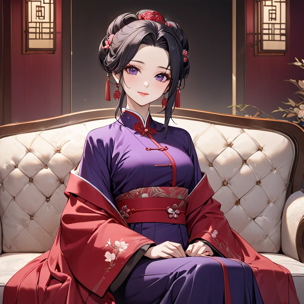 ((Highest quality)), ((masterpiece)), (detailed), (Perfect Face)、The woman is a Chinese woman named Kocho Shinobu.。, Purple gradient bob black hair and formal evening hairstyles. She is wearing an engagement ring. She is a prominent member of the Chinese Communist Party.、She is the wife of a great old Communist Party official.、The women are beautifully dressed in the gorgeous and glamorous red Mao suits typical of the Chinese Communist Party.、A poised and elegant Chinese lady sitting on a plush sofa in a luxurious room