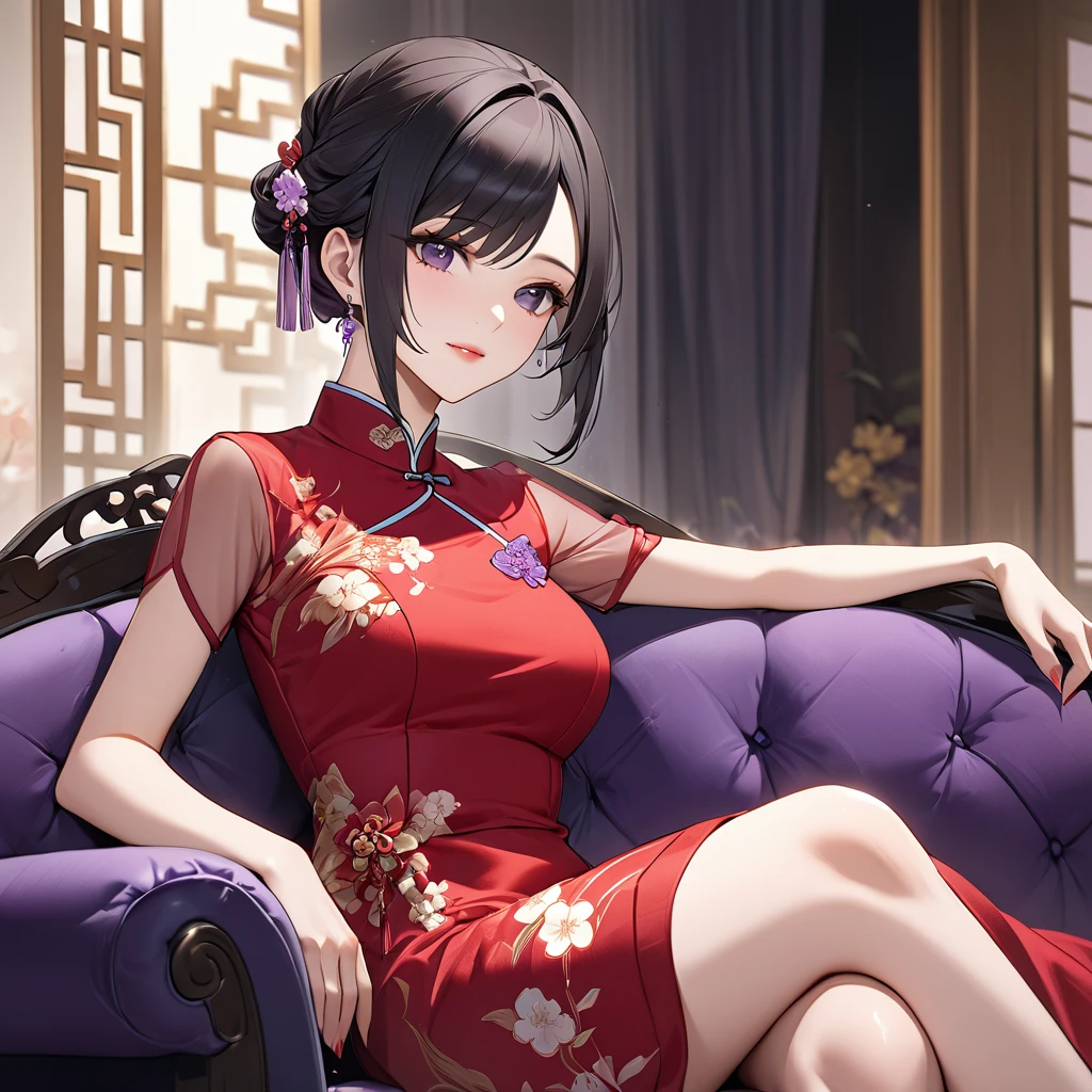 ((Highest quality)), ((masterpiece)), (detailed), (Perfect Face)、The woman is a Chinese woman named Kocho Shinobu.。, Purple gradient bob black hair and formal evening hairstyles. She is wearing an engagement ring. She is a prominent member of the Chinese Communist Party.、She is the wife of a great old Communist Party official.、The woman is beautifully dressed in a gorgeous red cheongsam, typical of the Chinese Communist Party.、A poised and elegant Chinese lady sitting on a plush sofa in a luxurious room