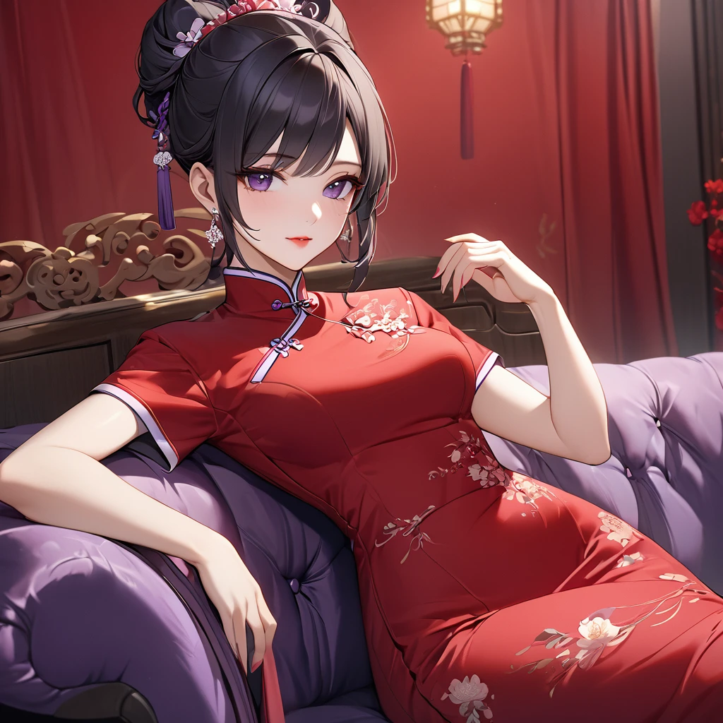 ((Highest quality)), ((masterpiece)), (detailed), (Perfect Face)、The woman is a Chinese woman named Kocho Shinobu.。, Purple gradient bob black hair and formal evening hairstyles. She is wearing an engagement ring. She is a prominent member of the Chinese Communist Party.、She is the wife of a great old Communist Party official.、The woman is beautifully dressed in a gorgeous red cheongsam, typical of the Chinese Communist Party.、A poised and elegant Chinese lady sitting on a plush sofa in a luxurious room