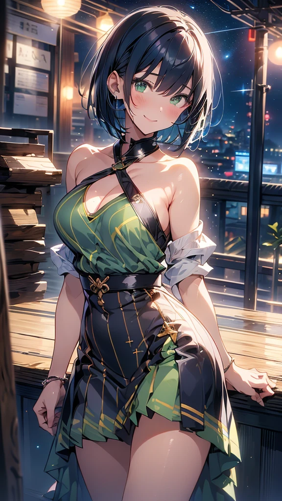 1 girl、masterpiece、Highest quality、detailed、Dark blue hair、Short Bob Cut、Straight hair、Green Eyes、beautiful、Dancer、Starry Sky、night、Anime style painting、Hard Edge、Soft Surface、smile、profile、Upper body close-up、Stage lighting、Spot lighting
