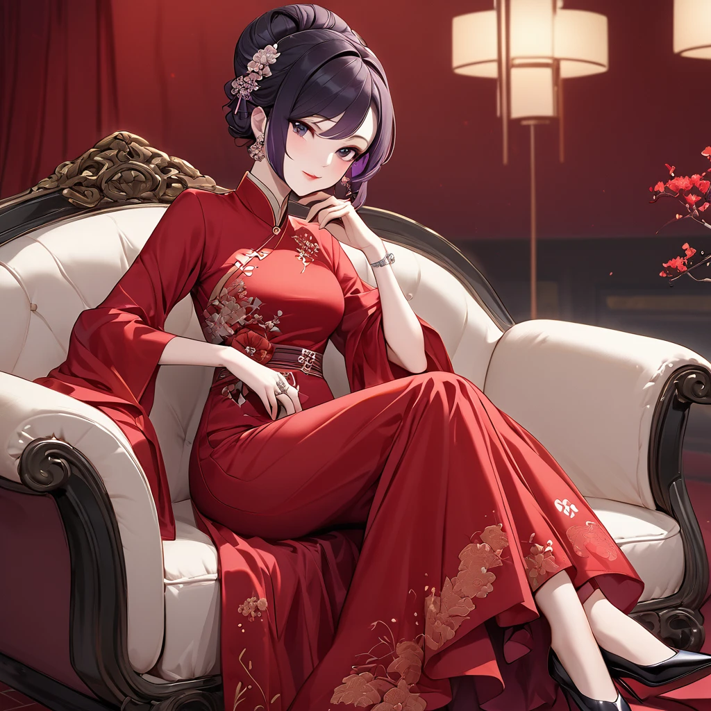 ((Highest quality)), ((masterpiece)), (detailed), （Perfect Face）、The woman is a Chinese woman named Kocho Shinobu.。, Purple gradient bob black hair and formal evening hairstyles. She is wearing an engagement ring. She is a prominent member of the Chinese Communist Party.、She is the wife of a great old Communist Party official.、The woman is beautifully dressed in a gorgeous red nightgown typical of the Chinese Communist Party.、A poised and elegant Chinese lady sitting on a plush sofa in a luxurious room