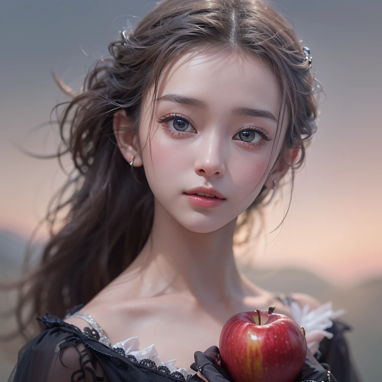 A woman holding an apple stands on top of a hill、Gothic Dress、青空と雲1 girl, Highest quality, masterpiece, Ultra-high resolution, (Realistic:1.4), RAW Photos, 1 girl, Cinema Lighting,((Highest quality、masterpiece、8k、Best image quality、Ultra-high resolution、Award-winning works)、(Accurate anatomy:1.1)、Highly detailed face、Attention to detail、double eyelid、Sharp focus:1.2、Beautiful woman:1.4、Highest quality、masterpiece、Ultra-high resolution、(Realistic:1.4)、Highly detailed and professionally lit smiles、Serious expression、Two Arms, Complete Hそして, Beautiful body, Beautiful fingers, Normal finger, Five Fingers, Five Fingers, (Thumb Index Finger Ring Finger), Beautiful ears、 Normal ear, Beautiful Eyes, Shining Eyes, Beautiful mouth, Beautiful Lips,