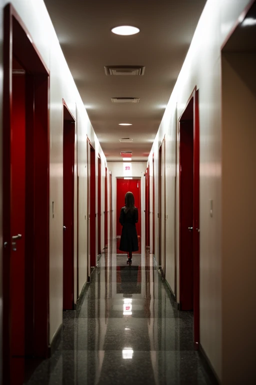 Horror　Anime Style　corridor　A woman stands alone, scared　There are regular doors on the walls.　Multiple red eyes on the walls and ceiling　All eyes are on the woman　dim　