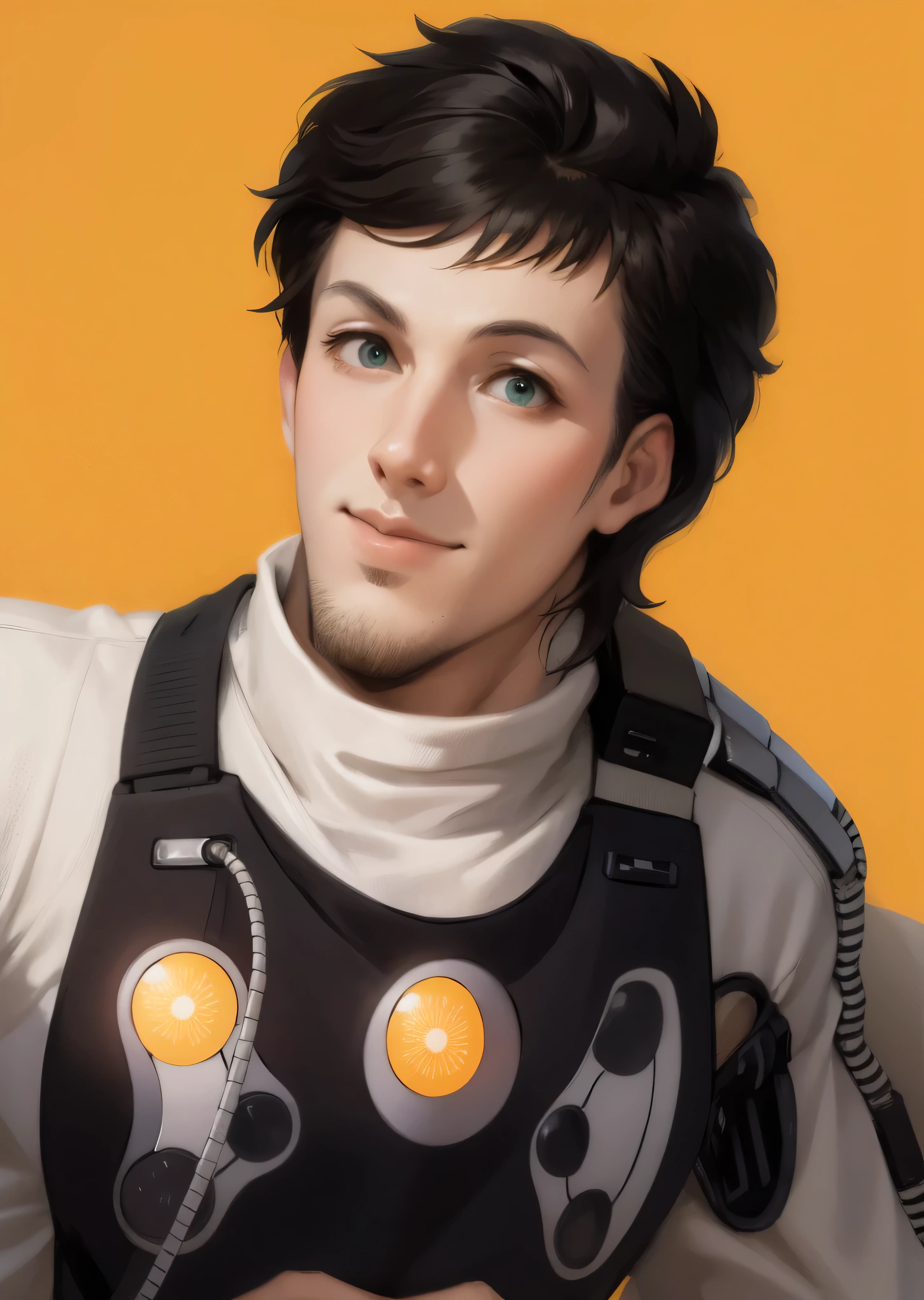 Illustration of a man, futuristic military uniform, an illustration inspired by Kanō Hōgai, Tumblr, romanticism, portrait, orange hair, the Sandman from graphic novel, deep focus, wearing an orange jumpsuit with a high collar, chest plate with circular black and silver attachments, and a patch with an insignia. His outfit suggests space exploration or combat, emphasizing functionality and utility. Has green eyes, and his expression exudes confidence and authority. Manly features, man, manly, strong gaze, mouth closed, mouth shut.
