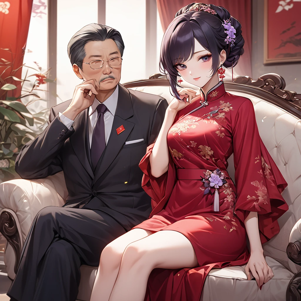 ((Highest quality)), ((masterpiece)), (detailed), （Perfect Face）、The woman is a Chinese woman named Kocho Shinobu.。, Purple gradient bob black hair and formal evening hairstyles. She is wearing an engagement ring. She is a prominent member of the Chinese Communist Party.、She is the wife of a great old Communist Party official.、The woman is beautifully dressed in a gorgeous and glamorous red wedding dress typical of the Chinese Communist Party.、A loving couple is passionately embracing and kissing the dignified elderly Communist Party official on a luxurious sofa in a luxurious room, the man groping the woman&#39;s breasts and caressing her body.。A loving Chinese Communist couple