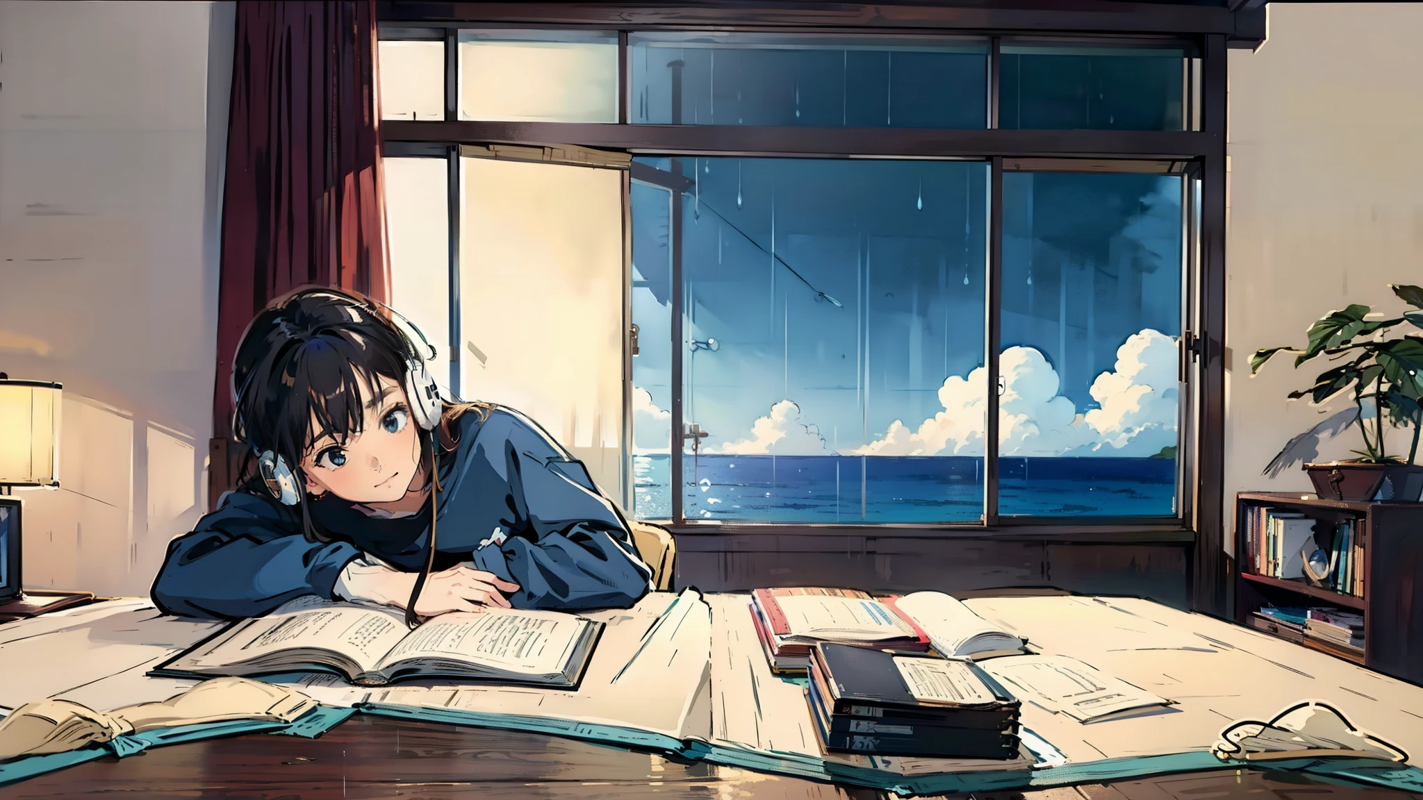 A girl with a chill vibe is studying at her desk in her room while wearing headphones. The room is dimly lit, with rain visible outside the window. The atmosphere is cozy and focused, with a computer screen providing additional light. The girl's style is a blend of anime and realistic elements, capturing her concentration as she works on her studies. The background is detailed, showing bookshelves and study materials, with a warm and slightly moody color palette. The painting style should match the following conditions ●**First Image (Beach Scene)**: - **Art Style**: Anime-inspired with a strong influence from Studio Ghibli. - **Color Palette**: Soft, vibrant, and natural colors. - **Details**: Detailed background with a focus on natural elements like the ocean, sky, and foliage. The characters are delicately drawn with smooth lines and subtle shading, blending seamlessly with the environment. - **Atmosphere**: Serene and picturesque, capturing a tranquil moment by the sea with a dreamy, almost nostalgic feel.