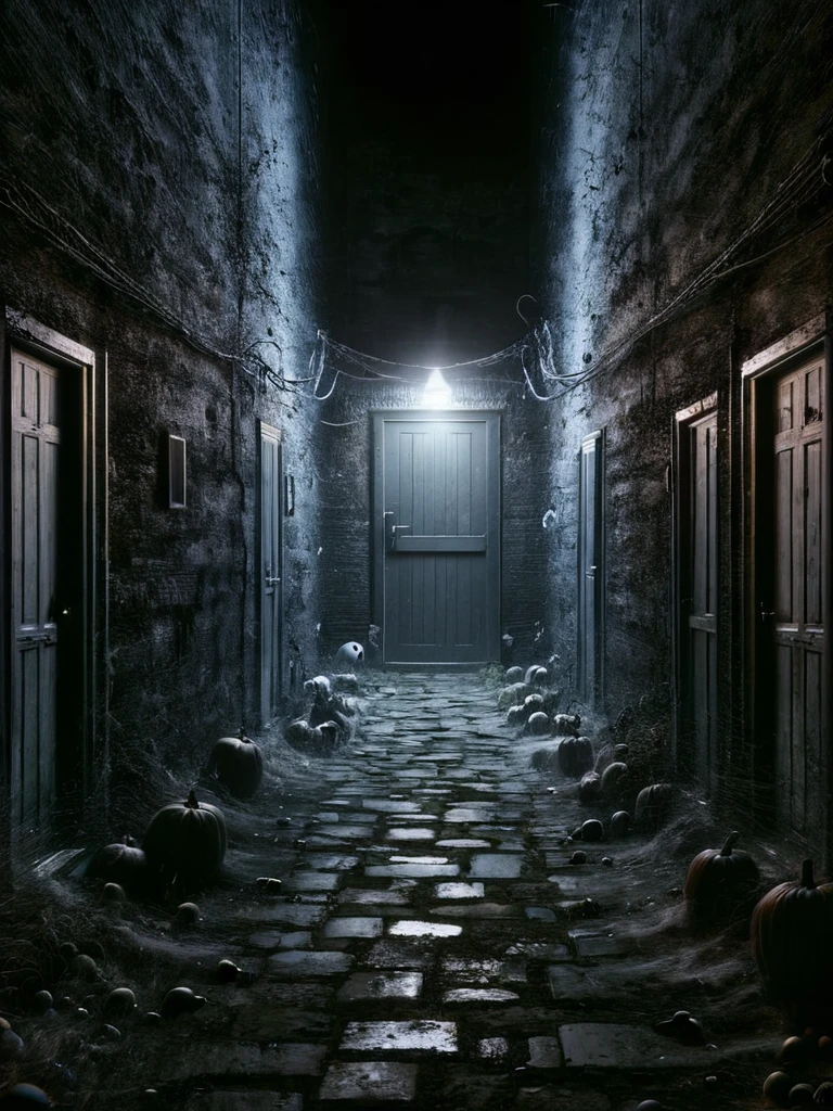 A spooky horror-like back alley at night