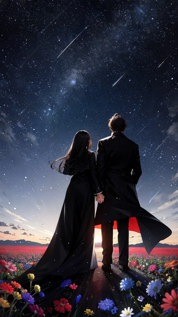 Starry Sky，Animated scene of a couple standing in a flower field,Rear view，I can't see facial expressions，The man is wearing a long black coat，The woman is wearing a white long coat