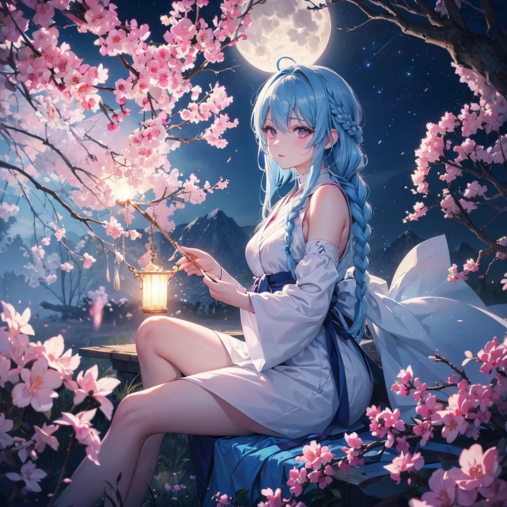 Sky blue hair, (1 braided hair), (Pink eyes),Fair skin) ,(whole body),(One Girl),(White sweet dumplings ),Japanese pampas grass,(beautiful, Full moon shining in the night sky),(masterpiece, Highest quality, Very detailed, Best Shadow), (Detailed Background), (Beautifully detailed face), High Contrast, (Best lighting, Very delicate and beautiful), ((Cinematic Light)), Hyper Detail,8k, Dramatic Light, Intricate details,Sit down and eat dumplings,