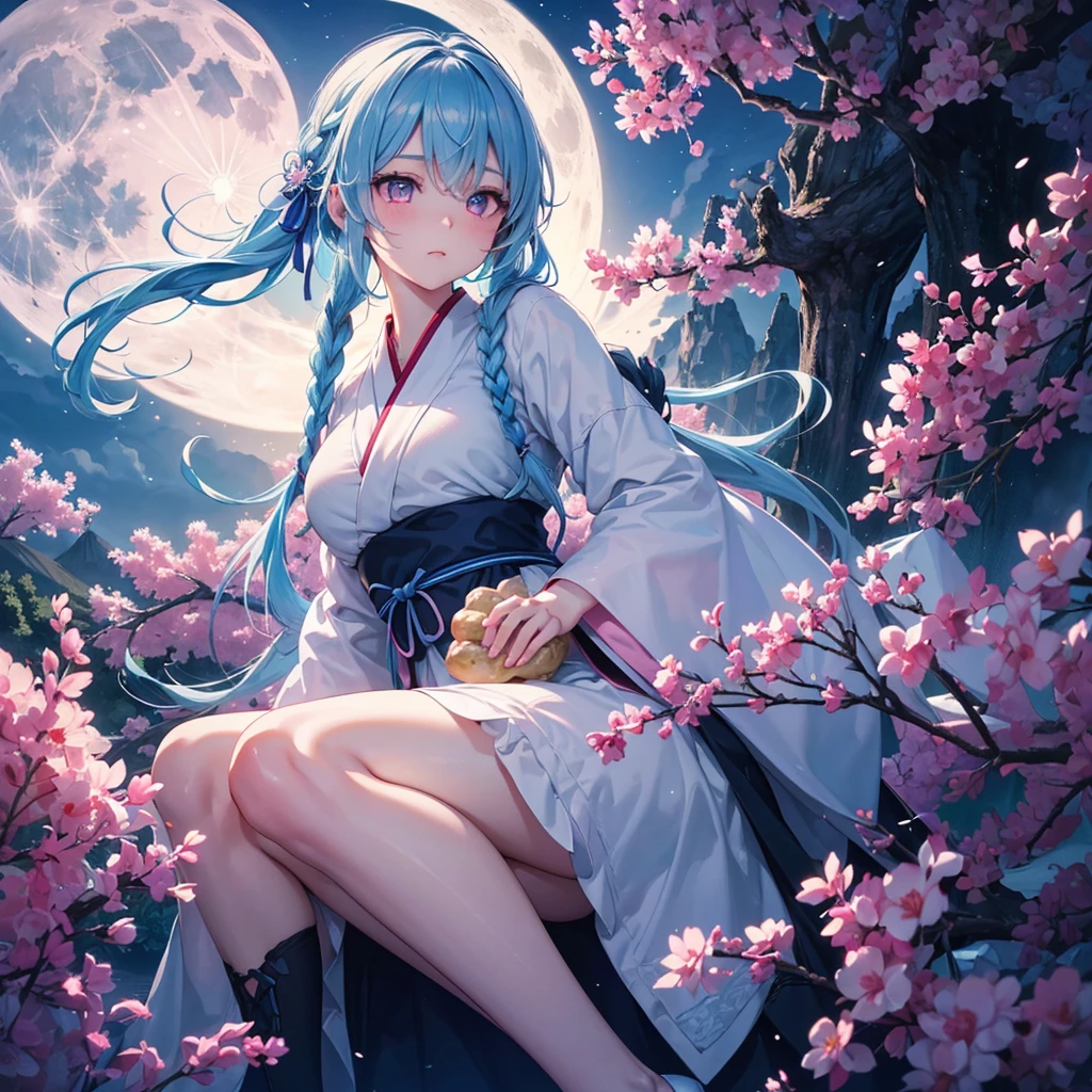 Sky blue hair, (1 braided hair), (Pink eyes),Fair skin)  ,(whole body),(One Girl),(White sweet dumplings ),Japanese pampas grass,(beautiful, Full moon shining in the night sky),(masterpiece, Highest quality, Very detailed, Best Shadow), (Detailed Background), (Beautifully detailed face), High Contrast, (Best lighting, Very delicate and beautiful), ((Cinematic Light)), Hyper Detail,8k, Dramatic Light, Intricate details,Sit down and eat dumplings,