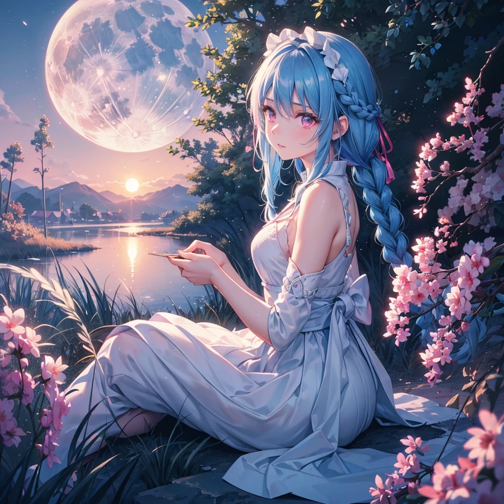 Sky blue hair, (1 braided hair), (Pink eyes),Fair skin) ,(whole body),(One Girl),(White sweet dumplings ),Japanese pampas grass,(beautiful, Full moon shining in the night sky),(masterpiece, Highest quality, Very detailed, Best Shadow), (Detailed Background), (Beautifully detailed face), High Contrast, (Best lighting, Very delicate and beautiful), ((Cinematic Light)), Hyper Detail,8k, Dramatic Light, Intricate details,Sit down and eat dumplings,