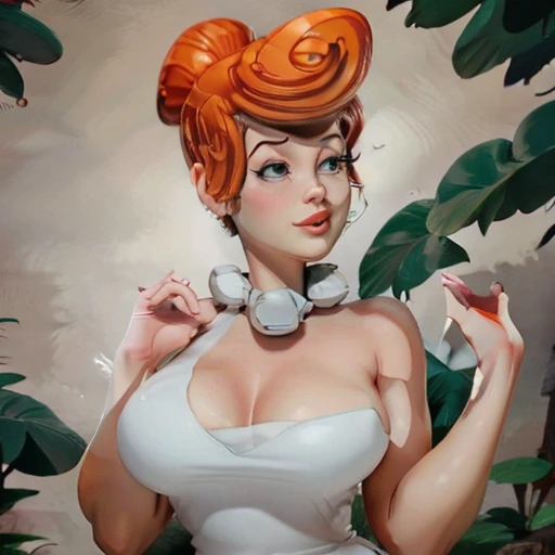 gorgeous woman ("Wilma Flintstone"), delicate face, delicate hands, perfect big breasts, wide hips, white rustic toga, in a jurassic forest
