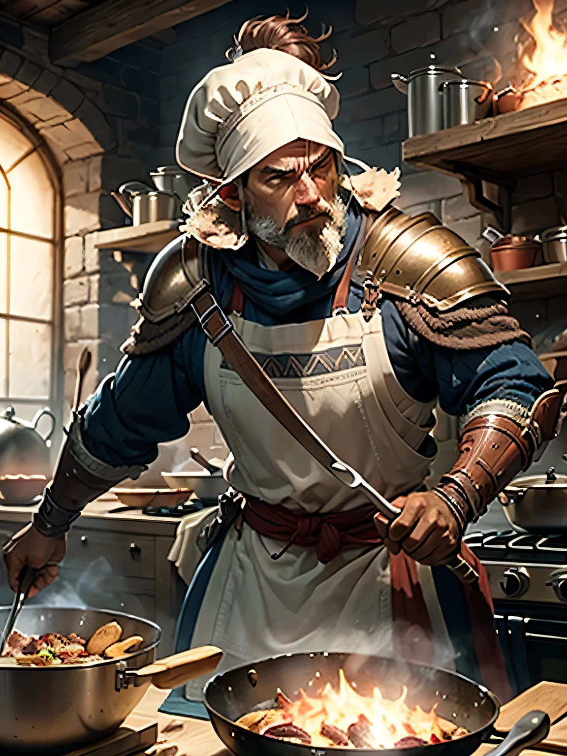 a medieval cook, from the world of dungeons and dragons, cooking in a battle action pose, strong, warrior cook