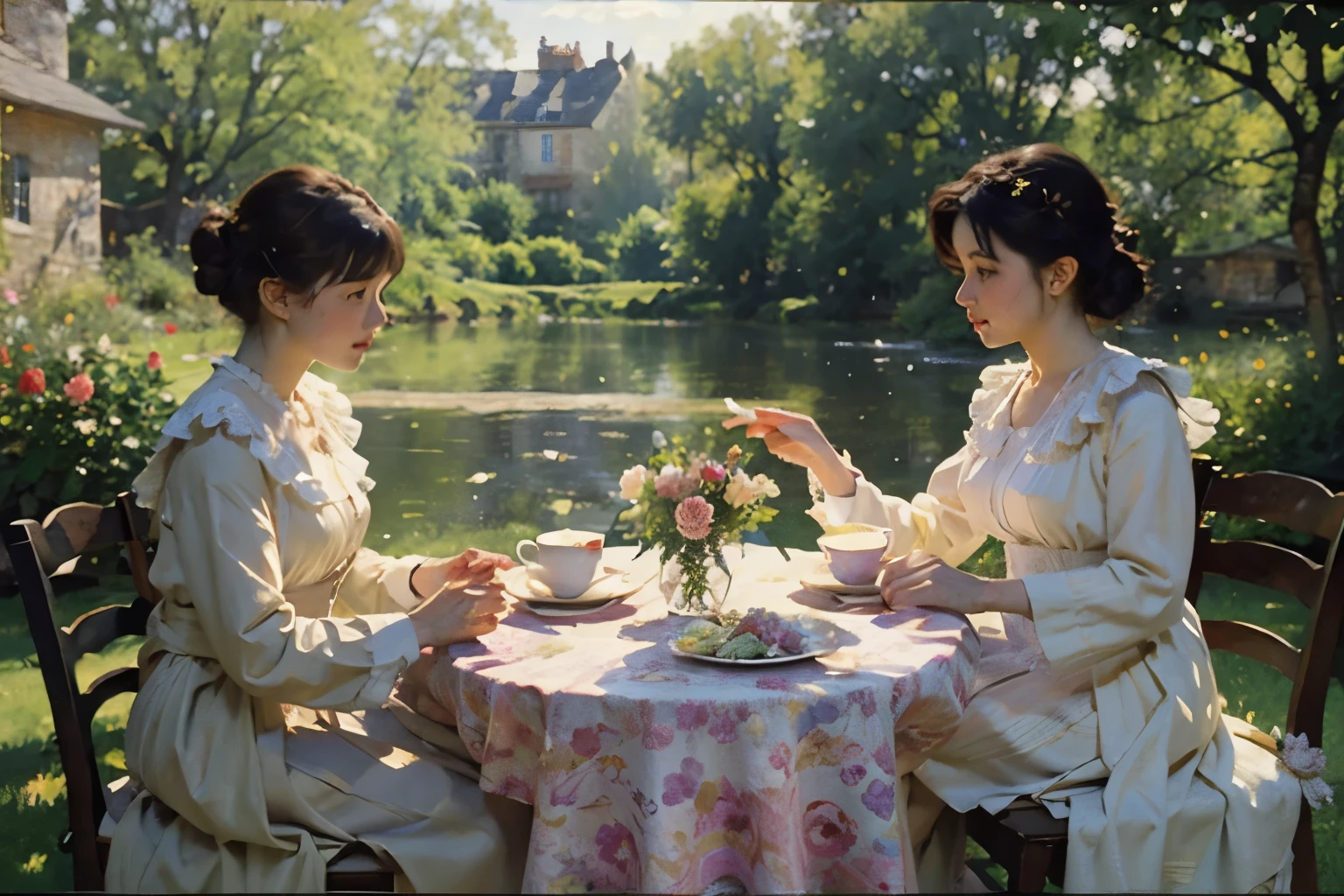 (Highest quality、masterpiece、High resolution)、(Sargent-style watercolor)、(Anime Art)、Soft Light、Cotswolds view、Old farmhouse、(Tulip flowers bloom:1.2)、(Three Women)、Medium Short Hair、Dark brown hair、Braided hair、White blouse and long skirt、picnic、table、Tea set、drink tea、Cinematic Light、Soft sunlight、Blur the background、