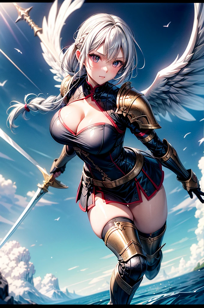 female valkyre prepared for battle, nordic look, viking, an extremally beautiful warrior valkyre, ultra feminine, long hair, white hair, braided hair, shiny golden knight armor, bright full plate armor, long boots, cleavage, medium breasts, big angel wings, white wings, wielding sword, brave and bold facial expression, flying high in the sky, wings spread, zoom out, 16k, RAW, ultra wide shot, photorealism, depth of field, hyper realistic. ray tracing