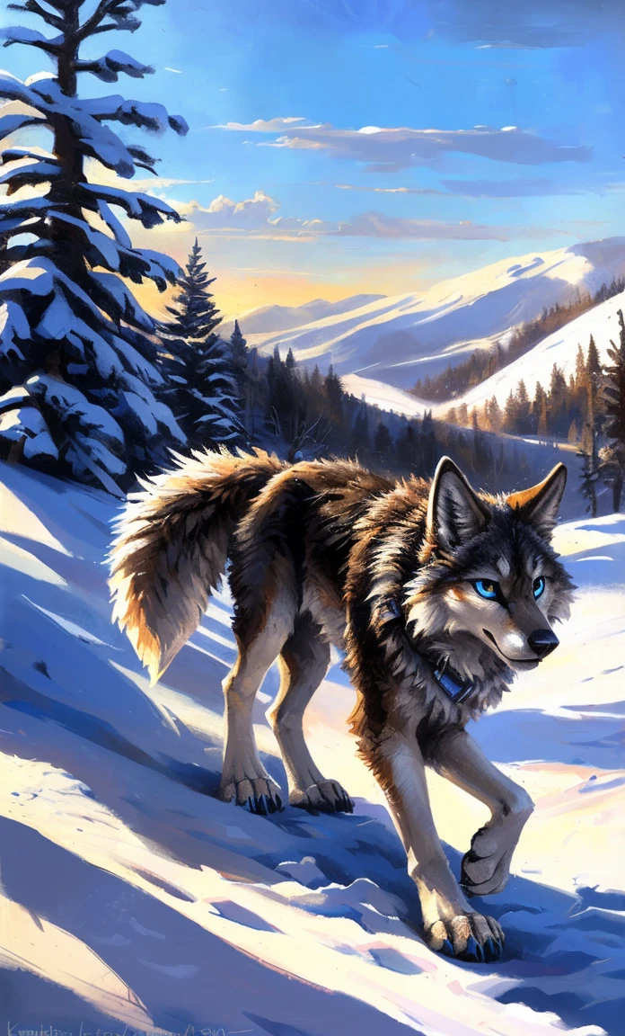 ((Solo)), male people, anthro wolf, (Multi-colored fur, White-brown:1.3,White tail pointed), (Height 2.1m,Tail length 1.2m), ((Wolf face, Big eyes, White eyelids, Blue pupil, Slim:1.2) (Tough, Calm expression:1.2)), Slim, pinging)), (Correct anatomy), (Winter clothing:1.1), The upper body naked, (detailed outfits),A long big tail,Feet,(Realistic fur, Detailed fur texture, labeled:1.3)), (Natural lighting), Photorealistic, Hyperrealistic, ultradetailed, by Kenket,Snowfield,erect through,Running on