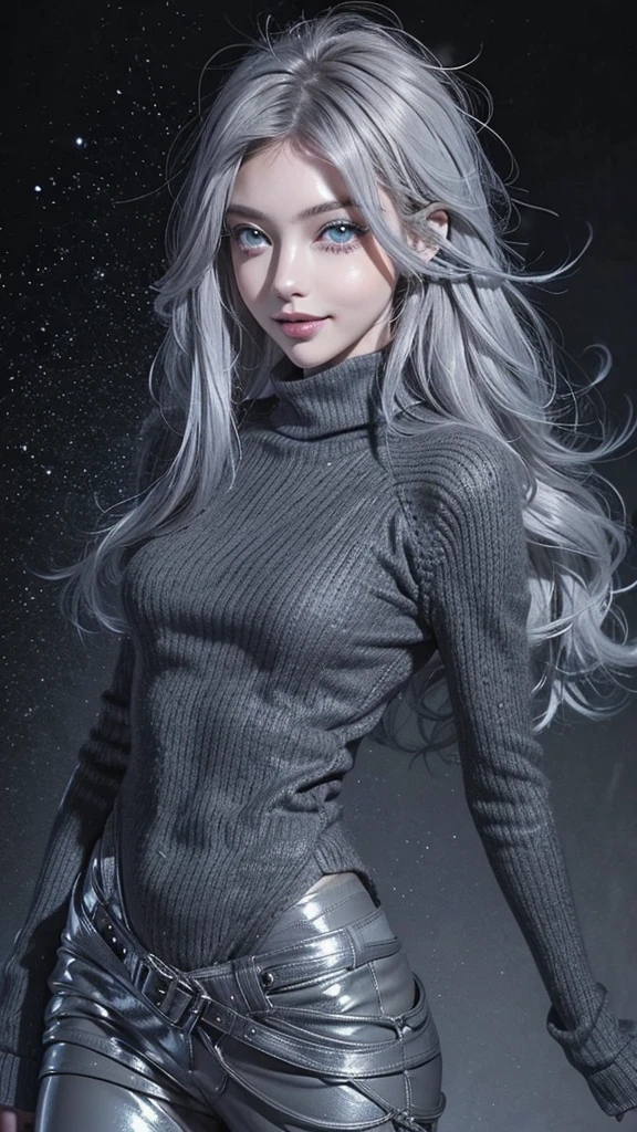Back view (Anime, Not true:1.2), (painting:1.6), (Brand collection, Fashion brand theme:1.6), (Hinge, Beautiful, Masterpiece, Best quality:1.2), _ break (1girl:1.2), 22 years, 160 cm, Cute Japanese model, All body tightened, Medium breast, Small head, Small face, Diamond face, small nose, Sharp facial line, Detailed face, عيون Hinge, Young hands and fingers, Beautiful hands and fingers, Five fingers, _ break (happy, He smiles, Shiny lips:1.3), (Light colored lips, Mouth half open, Beautiful Teeth:1.2), (Eyes drop, Double eyelid, Light colored eyes, Shiny eyes:1.5), Shiny skin, _ break (Neat hairstyle:1.4), (Gray hair:1.4), Shiny hair, _ break (Gray background fogية بسيطة:1.4), (Shaboura, fog:1.4), _ break (Cowboy shot:1.4), (Standing, Sexy model pose:1.2), break (A fusion of cyberpunk and wool:1.3), ((Wear an oversized cardigan with a stretchy top) For luxury, Futuristic,:1.2),, (7/8 length:1.2), (Simple design but with a cyberpunk feel:1.3),
break (Black and gray theme:1.2), (Low-rise leggings with a subtle reflective pattern:1.2), (Ankle boots with elegant metal details:1.2), (Edgy and versatile:1.2),
break (Gray background:1.4), (confident Standing pose:1.2),
