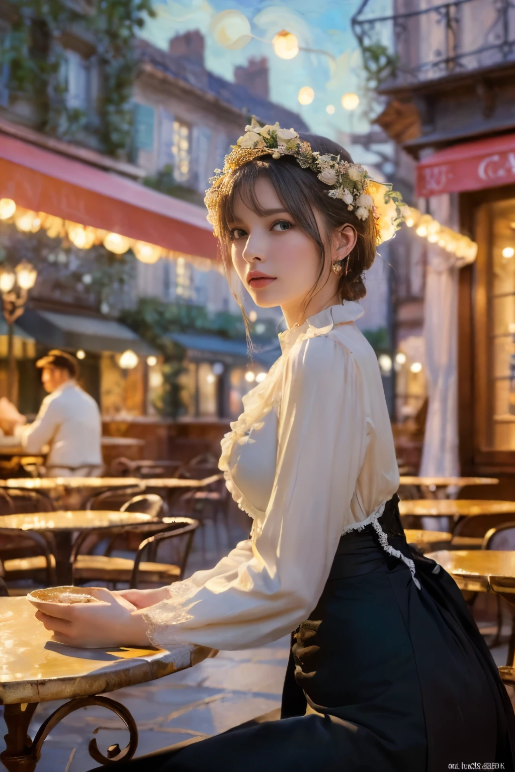 ((masterpiece:1.4, Highest quality)), (Realistic photos:1.4), (Artwork),
((1 girl)), (Otherworldly beauty), (dream-like), ((1 girl, Realistic photos)),
(超High resolution:1.2), Very delicate and beautiful, wonderful, Very detailed CG Unity 8k wall paper, Very detailed, High resolution,
Soft Light, Beautiful detailed girl, Very detailed eyes and face, Beautiful and detailed nose, Beautiful and detailed,
(Dressed in late 19th century French costume:1.3), (In front of the cafe at night:1.3),1 (Sitting:1.2),
Cinema Lighting, Perfect Anatomy, Slender body, (Parted bangs),
(The world of impressionist painting:1.5), (Impressionist light and colour), (「Cafe terrace at night」),
Cowboy Shot