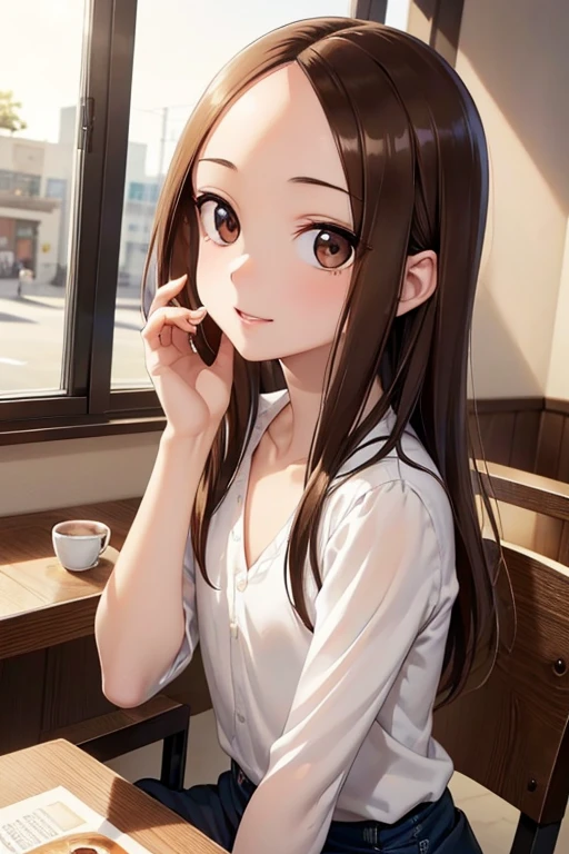 Takagi-san、Shiny brown hair, Long Hair,((Medium chest、Forehead、Center part))、 Beautiful brown eyes、smile、Sparkling eyes, (fine grain)、Very fine eye、非常にDetailed face, Highly detailed eyes, Cowboy Shot、

Woman sitting at a cafe table drinking coffee、。Window sunlight, , Dynamic pose, Skin Texture, Pale skin, Glowing Skin, (slim, small:1.2), (Focus on the face, Detailed face, Perfect Eyes, Show Viewer:1.2):0.2], Realistic, Film Grain, Highest quality, masterpiece