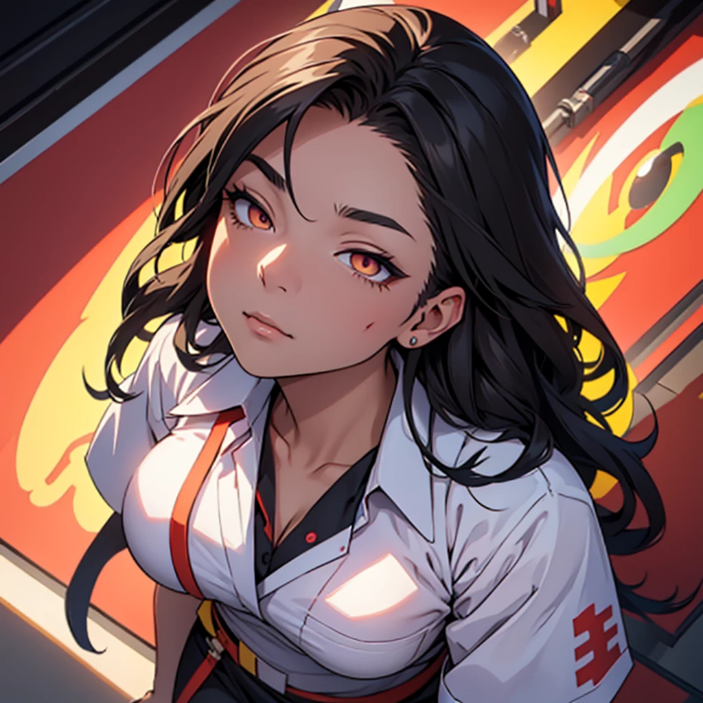 black hair, colored inner hair, pointy hair, shiny hair, medium hair, eyepatch, multicolored eyes, constricted pupils, devil eyes, longeyelashes, amber eyes, expressionless, unconscious, evil, Surrealism, conceptual art, anime style, glowing light, bloom, drop shadow, image fill, cowboy shot, lens flare, 8k, super detail, uhd, masterpiece, retina, anatomically correct, anatomically correct, super detail, high details, high quality, best quality, highres、nsfw,one woman,nurse's outfit,cleavage between breasts,large breasts,whole body,plump body,gleaming skin,muscular,expressionless,hospital,high quality,illustration,masterpiece,highly detailed,japanese、Eye patch、View here、Sexy nurse uniform、from the front、Background is detailed、colorful、Fractal Art、Creepy、wonder、Perverse、Eye patchに蛍光色の派手な模様、The entire body from the thighs up is captured in the frame.、A composition looking down from a low angle、Flashy tribal tattoo on the body
