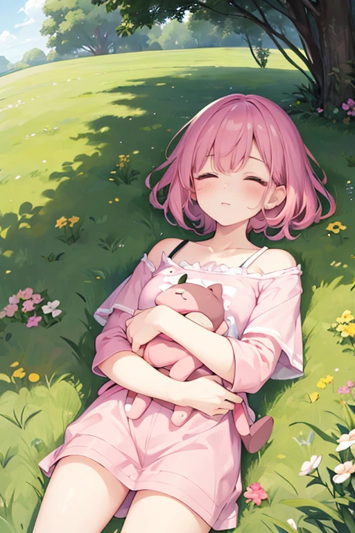 Girl asleep in the grass short hair and pink clothes kawaii