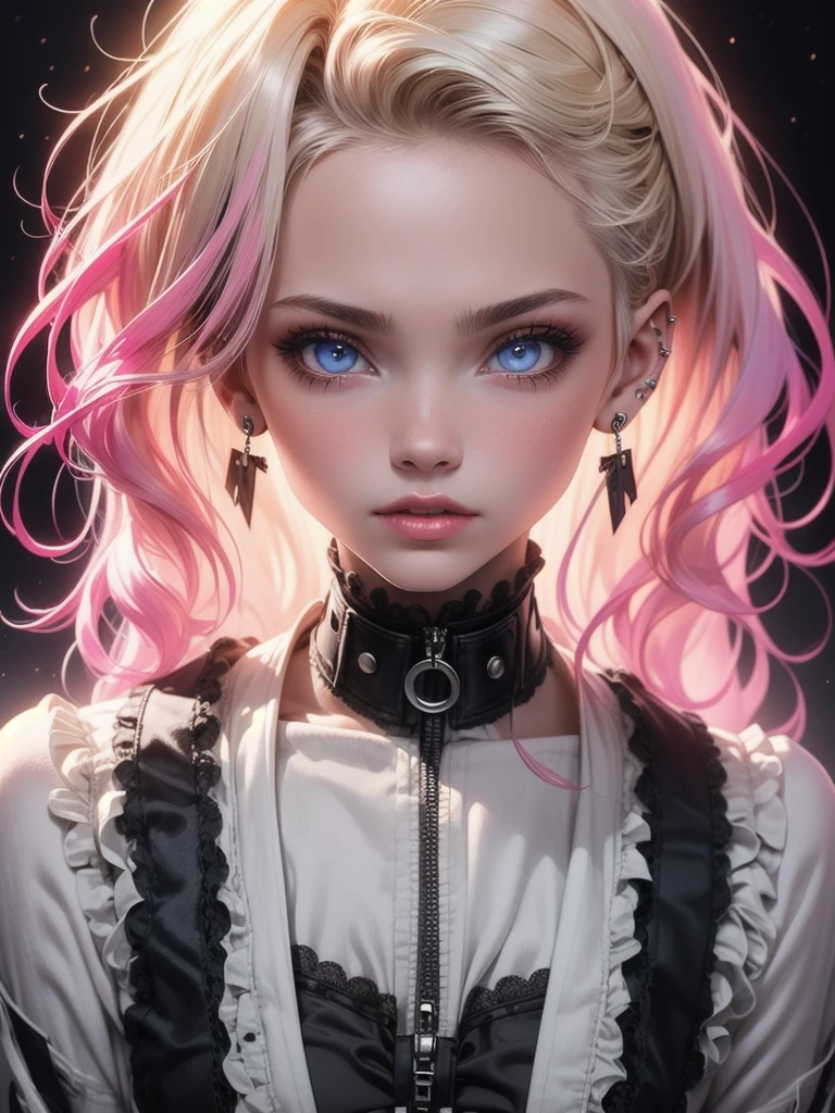 masterpiece, best quality,3d rending work,3DMM style, close-up, portrait, 3D,1girl, solo, perfect face, long hair, academy blue school uniform , long light blonde hair dyed with pink and with cute fluffy bangs well styled, hair dyed with pink color, detailed light blue eyes highlight light reflecting in her eyes, looking straight to the viewer, realistic, upper body, white background, colorful lighting, lips, edgy makeup, black shade of makeup on eyelids, ear piercing, fair skin, perfect hourglass body, she has sharp jawline, photo card, The artwork should have the best quality, with ultra-detailed and realistic features. The color palette should be vivid, and the lighting should emphasize the character's facial structure and expression.