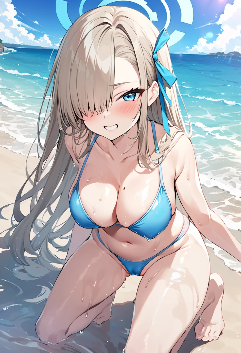 Asuna (Blue Archive), 1 female, Solo, Long hair, Breasts, Looking at viewer, Blushing, Bangs, Blue eyes, Ribbon, Belly button, V-tights, String swimsuit, V-tights swimsuit, V-tights swimsuit, Hair ribbon, Thighs, Outdoors, Sky, Barefoot, Alternate costume, Daytime, Clouds, Water, Stomach, Mole, Hair over one eye, Blue sky, Wet, V-tights swimsuit, Sea, Halo, Beach, Crouching, Light brown hair, Blue V-tights swimsuit, Partially visible vulva, Accentuated breasts