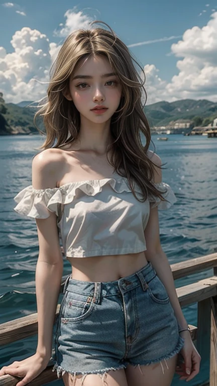(masterpiece: 1.2, Portraiture, Highest quality), Realistic, (Live Action, Intricate details, Written boundary depth), Highest quality, masterpiece, Attention to detail, semi-Realistic, Swimming in the lake, shy, 21 years old, Short blonde, blue eyes, blonde、 Slim figure、Shoulder Bare、Shorts and T-shirts 、Blue sky and a few clouds、Shoulder Bare