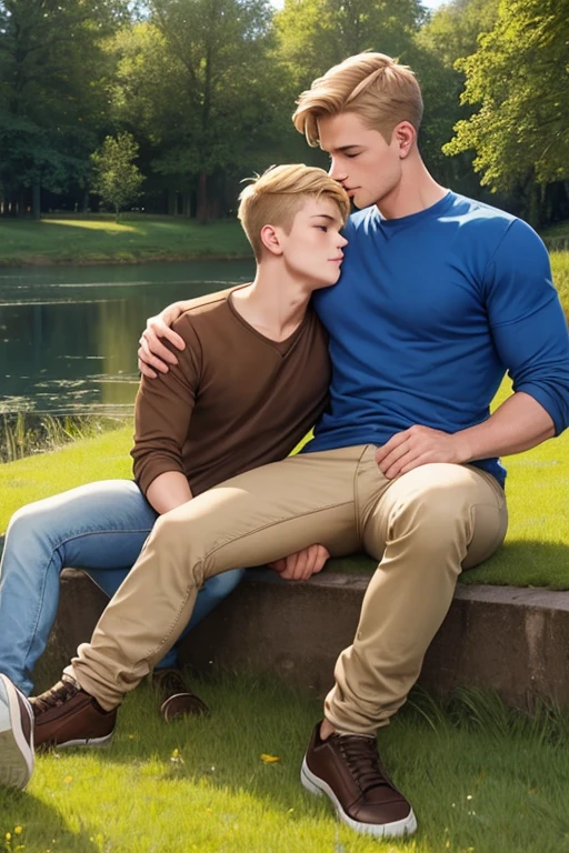 Two men, photo realistic.  A 16-year-old, handsome, lean man with short-cut, blond hair and blue eyes, wearing a brown sweatshirt, and khaki pants, sitting in the lap of a 17-year-old, handsome, athletic, Caucasian man with short, shaved brown hair, and blue eyes, wearing a blue and yellow jersey, and jeans, kissing, groping each other, laying on a grassy field, by a pond in a large city park, at night.  Masculine, erotic, sexy, romantic, love, huge bulge.