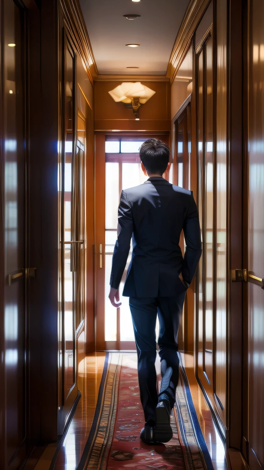 The back view of a high school boy walking down a luxury hotel corridor