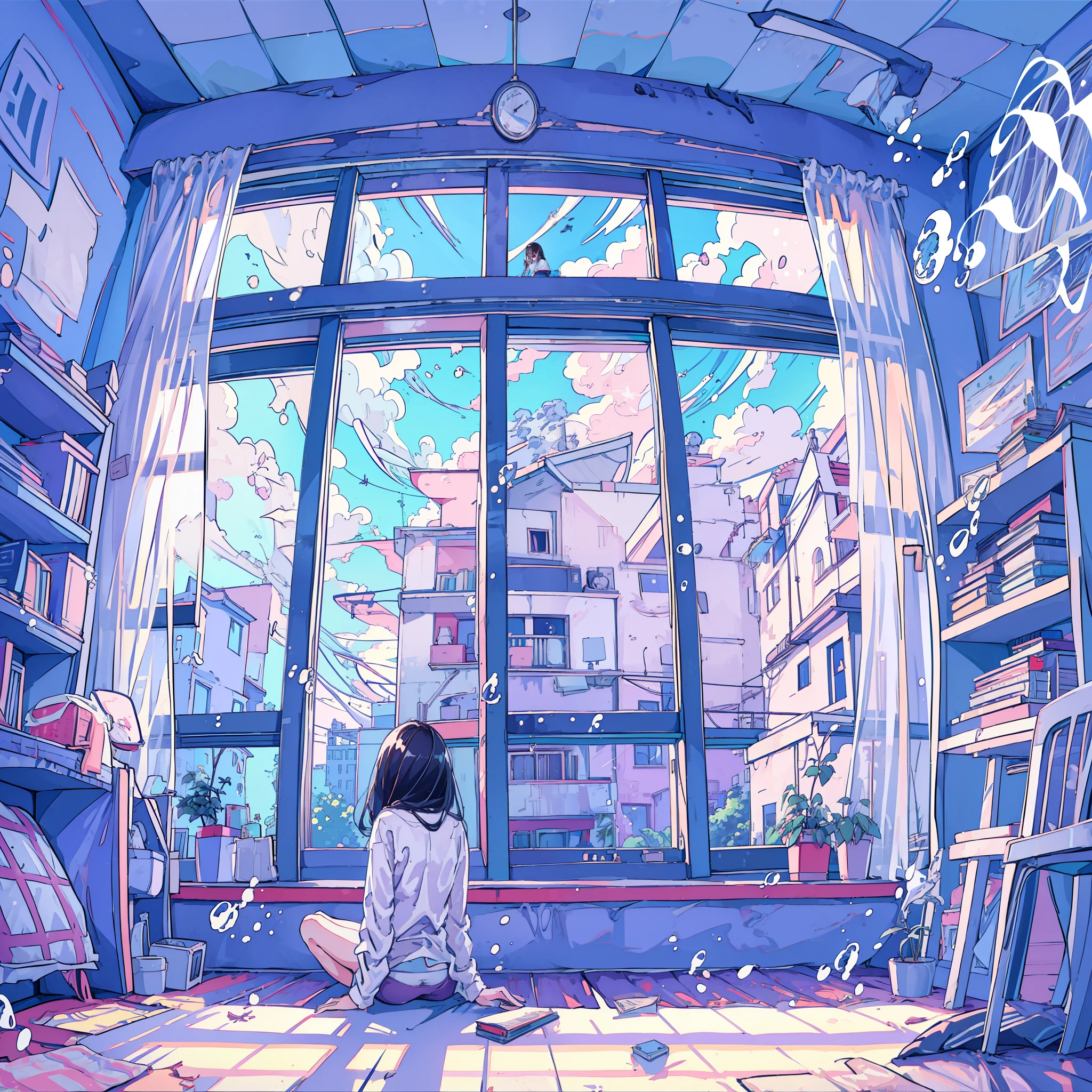 (1girl in), 20yr old, Detailed details, A dark-haired, length hair, (White underwear), White shirt, In front of a large window, (Stand facing the window), plays the guitar, posterior view, inside in room, Hardwood flooring, bookcase, houseplant, Big clouds outside the window, portlate,Evening glow