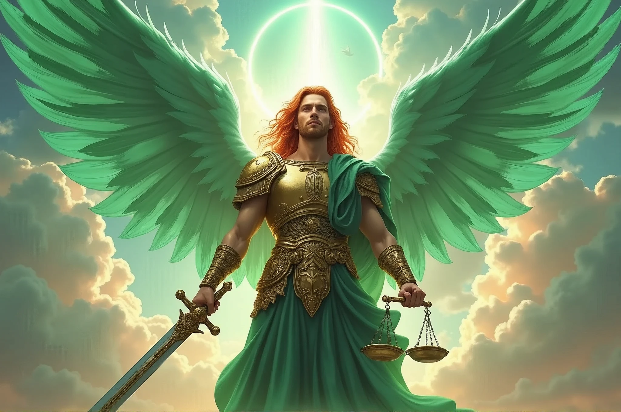 dazzling victorious angel, ((masculine)) Angel wings, emerald wings, Red hair, Long hair, with roman armor, with a sword in his right hand and a scale in his left hand. Behind: luminous skies, skies full of angels.