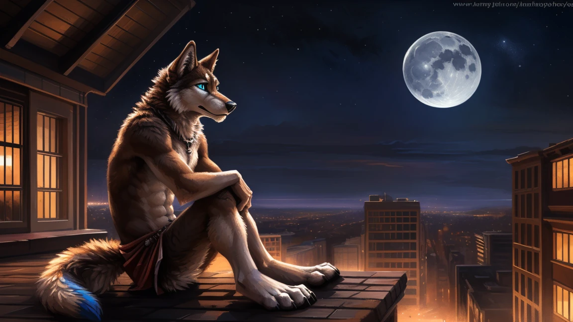 ((Solo)), male people, anthro wolf, (Multi-colored fur, White-brown:1.3), ((Wolf face, Big eyes, White eyelids, Blue pupil, Slim:1.2) (Tough, Calm expression:1.2)), (Height 2.1 meters,Tail length 1.5m), Abs, Slim, pinging, (Correct anatomy), (Contour bone:1.2), The upper body is naked, (detailed outfits), a long large tail,Feet,(Realistic fur, Detailed fur texture, labeled:1.3)), (Natural lighting), Photorealistic, Hyperrealistic, ultradetailed, by Kenket,In the modern city,Roof,the night,Sit alone,Look at the full moon,It was dark,Starry
