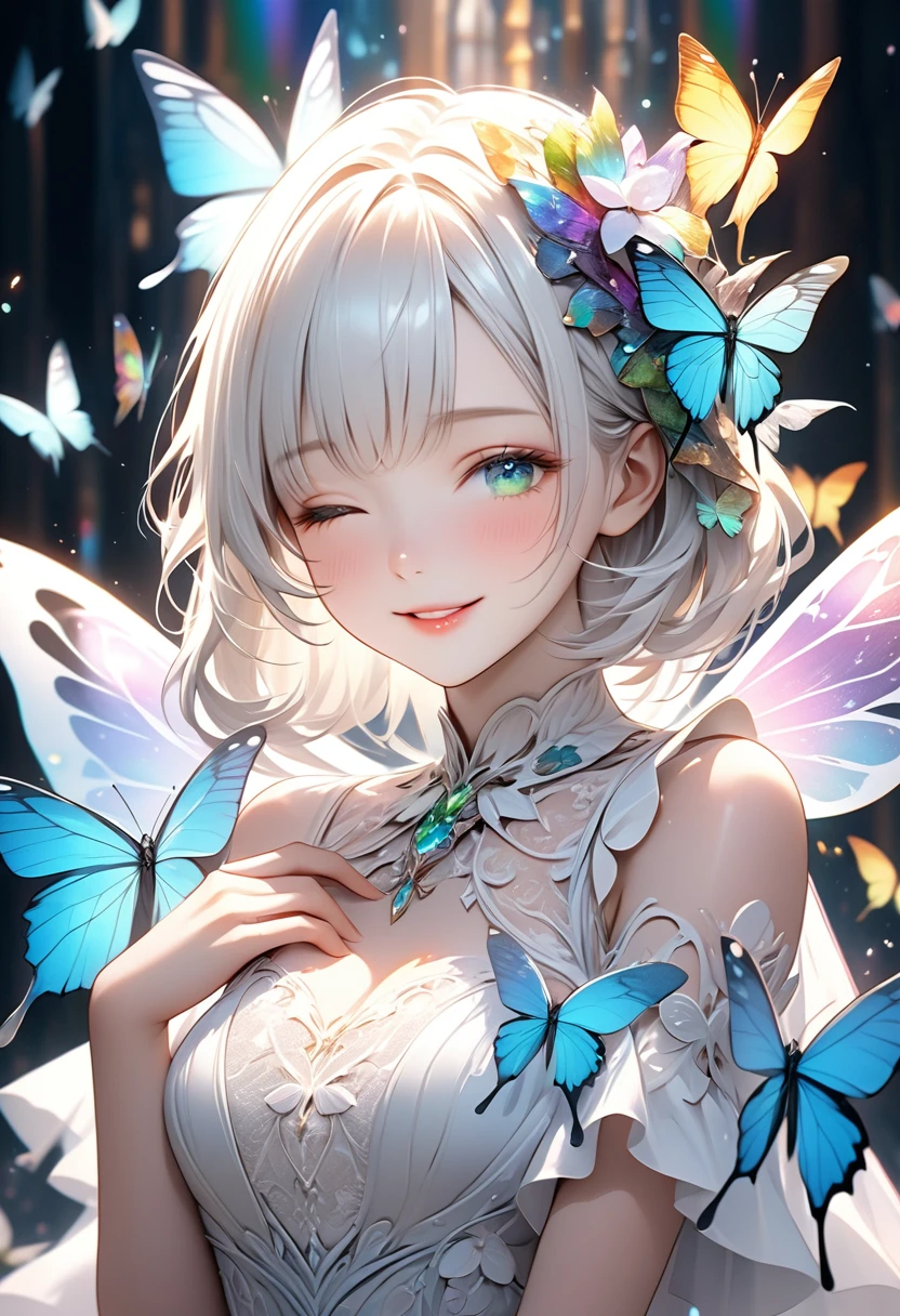 Fantasy CG art.A portrait of a girl painted in fantastical pale colors.(Pale, dreamy colors:1.5),The girl has beautiful short white hair and a green butterfly hair ornament on her head.With clear features, beautiful eyes and lips,Wonderful beautiful skin texture,My chest is a little big,Standing alone in a fantastical space wearing a gorgeous white lace dress,Shining and fantastic A background with lots of butterflies fluttering about,The girl is surrounded by beautiful butterflies with rainbow-colored holographic wings.( The girl is holding a butterfly in her hand:1.2).(The girl has her eyes closed and looks happy).Bust Shot,High quality, (masterpiece, best quality, 4k, 8k:1.5),Ultra detail,Physically based rendering, ultra-fine painting, dramatic lighting, fantasy worlds, professional photography, award-winning,