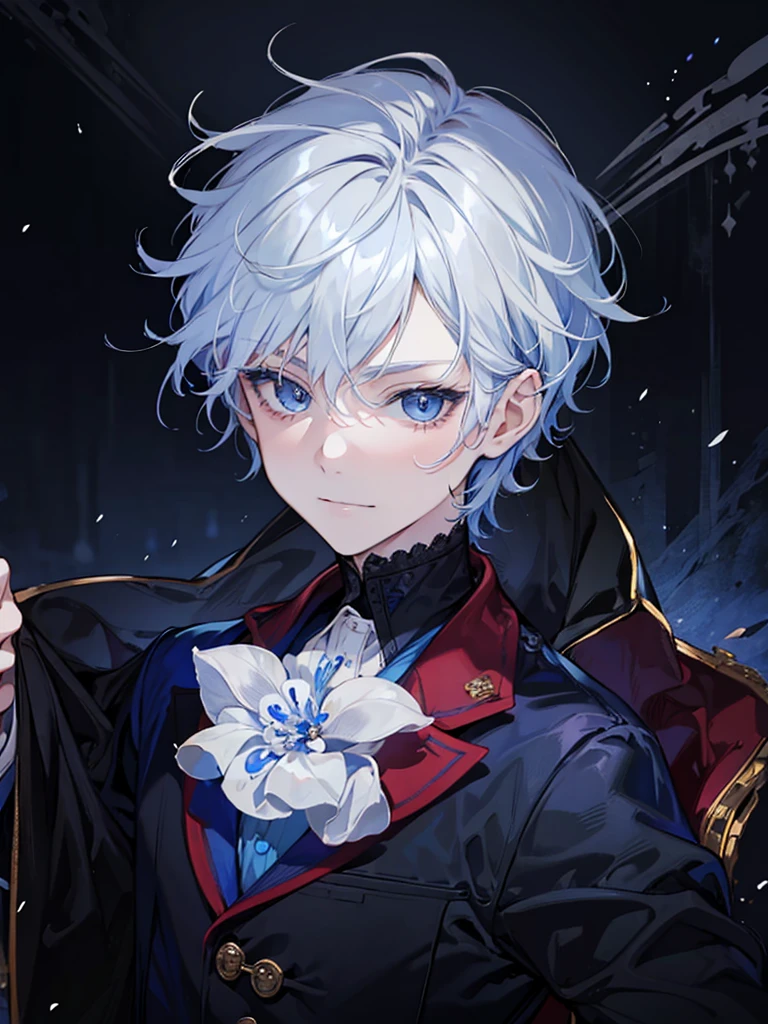 little boy, blue eyes, white short wavy hair, cool boy, handsome boy. sadistic smile. noble
