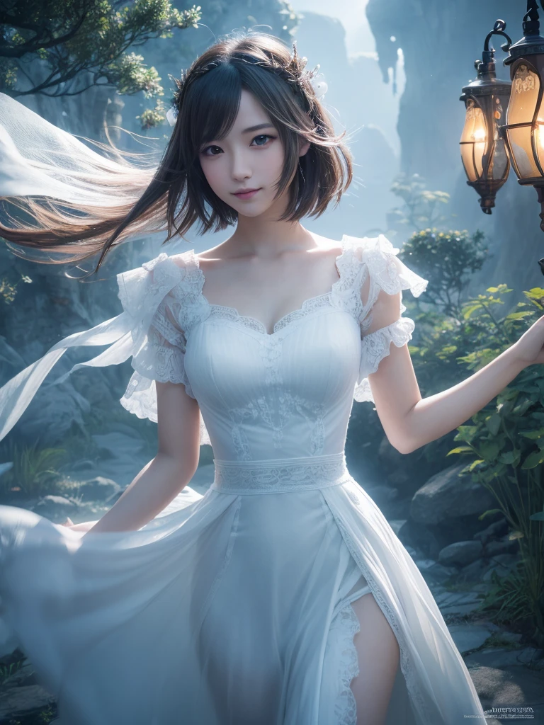 beautiful detailed eyes, droppy eyes,beautiful detailed lips, extremely detailed eyes and face, long eyelashes, 1japanese girl, fantasy character, (Final Fantasy, yuuna),smile,short hair,elegant white dress,break, blue long skirt,break,magical girl, highly detailed, fantasy landscape, dramatic lighting, glowing effects, mist, intricate details, volumetric lighting, cinematic composition, hyper realistic, 8k, best quality, masterpiece, photorealistic,Highres fix