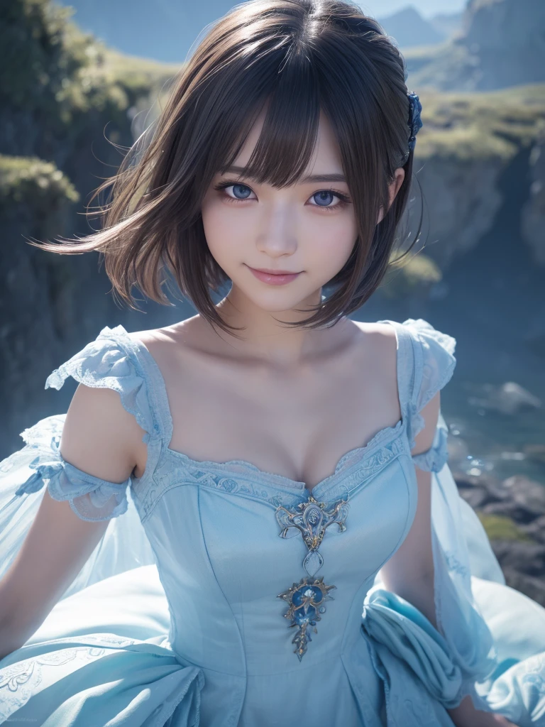 beautiful detailed eyes, droppy eyes,beautiful detailed lips, extremely detailed eyes and face, long eyelashes, 1japanese girl, fantasy character, (Final Fantasy, yuuna),smile,short hair,elegant white dress,break, blue long skirt,break,magical girl, highly detailed, fantasy landscape, dramatic lighting, glowing effects, mist, intricate details, volumetric lighting, cinematic composition, hyper realistic, 8k, best quality, masterpiece, photorealistic,Highres fix