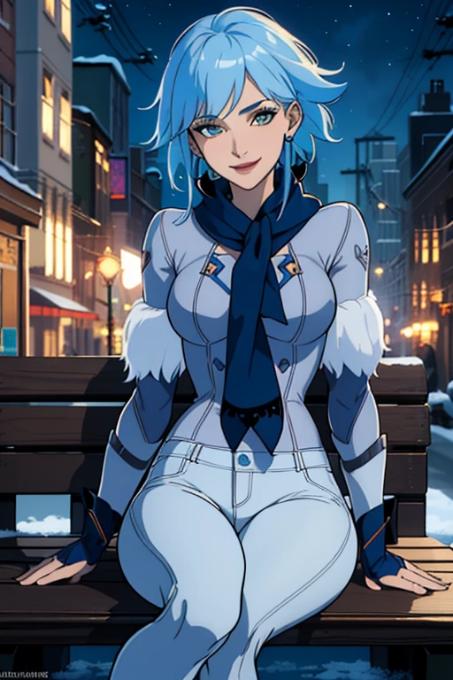 (extremely detailed CG unity 4k wallpaper),(masterpiece),(best quality),(ultra-detailed),(best illustration),(best shadow),(absurdres),(detailed background) Killer frost, smiling, white coat, blue denim jeans, white boots, blue scarf, sitting on bench, Gotham city, night, winter, snow, looking at viewer.