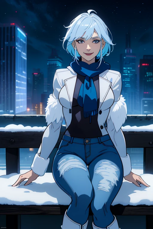 (extremely detailed CG unity 4k wallpaper),(masterpiece),(best quality),(ultra-detailed),(best illustration),(best shadow),(absurdres),(detailed background) Killer frost, smiling, white coat, blue denim jeans, white boots, blue scarf, sitting on bench, Gotham city, night, winter, snow, looking at viewer.